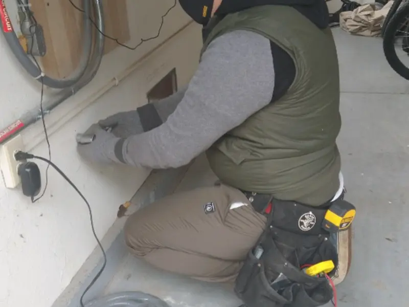 Electrician performing outlet wiring in a Spanish Fort garage